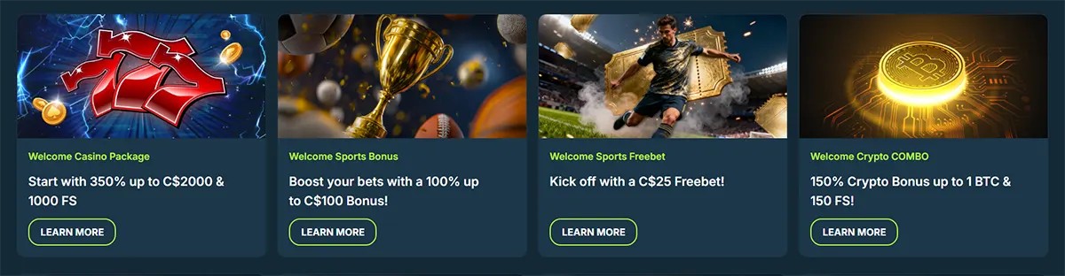 Casino promotion cards featuring a welcome casino package, sports bonus, sports freebet, and crypto combo offer with bold graphics on a dark blue background.
