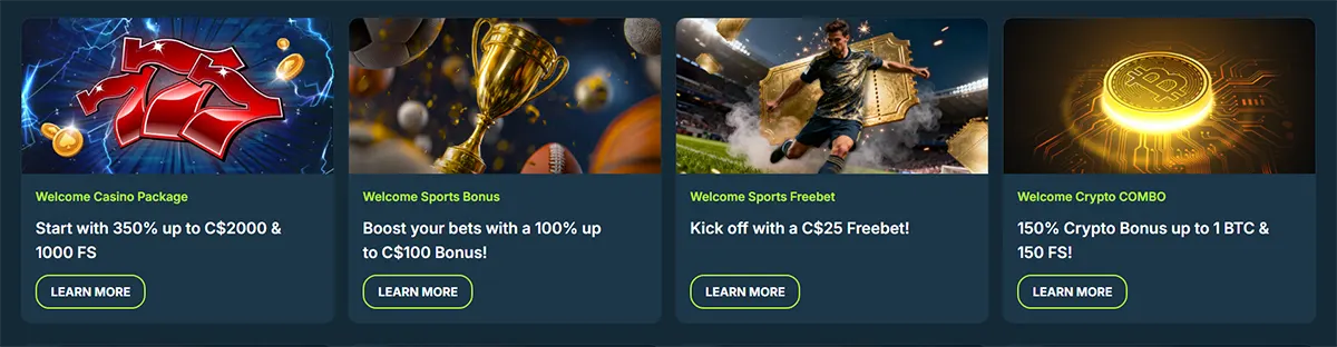 Casino promotion cards featuring a welcome casino package, sports bonus, sports freebet, and crypto combo offer with bold graphics on a dark blue background.