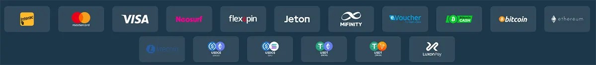 Payment methods section showing Interac, Mastercard, Visa, Neosurf, flexepin, Jeton, MiFinity, eVoucher, Bitcoin Cash, Bitcoin, Ethereum, Litecoin, USD Coin, Tether variants, and Luxon Pay logos on a dark blue background.