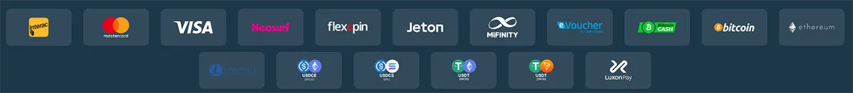 Payment methods section showing Interac, Mastercard, Visa, Neosurf, flexepin, Jeton, MiFinity, eVoucher, Bitcoin Cash, Bitcoin, Ethereum, Litecoin, USD Coin, Tether variants, and Luxon Pay logos on a dark blue background.