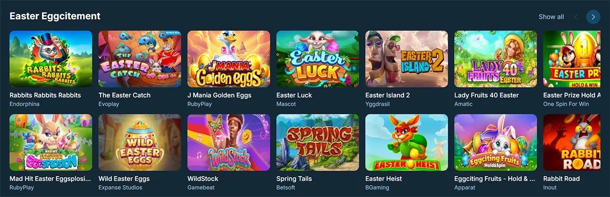 Easter-themed casino game collection showing colorful slot thumbnails such as Rabbits Rabbits Rabbits, The Easter Catch, Easter Luck, Easter Island 2, and Rabbit Road on a dark blue interface.