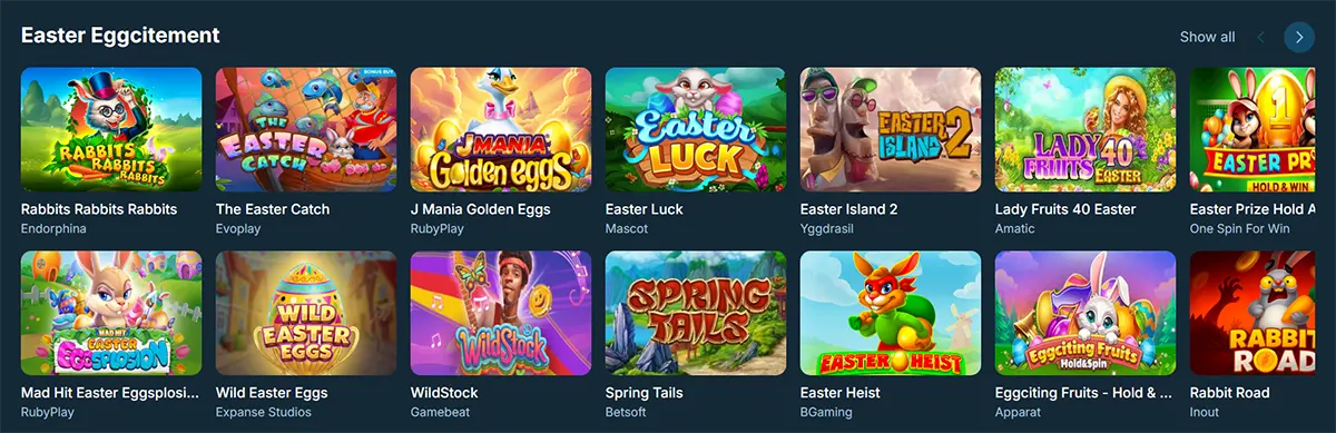 Easter-themed casino game collection showing colorful slot thumbnails such as Rabbits Rabbits Rabbits, The Easter Catch, Easter Luck, Easter Island 2, and Rabbit Road on a dark blue interface.