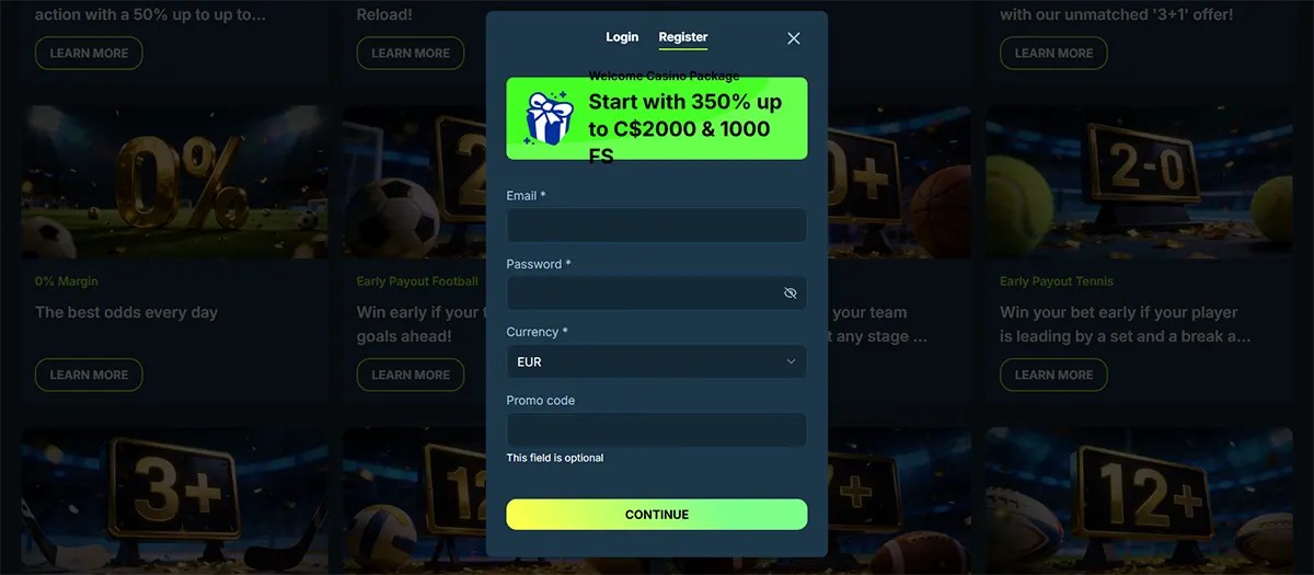 Casino registration popup with a welcome bonus banner, email and password fields, currency and promo code inputs, and a green continue button over a blurred sports betting background.