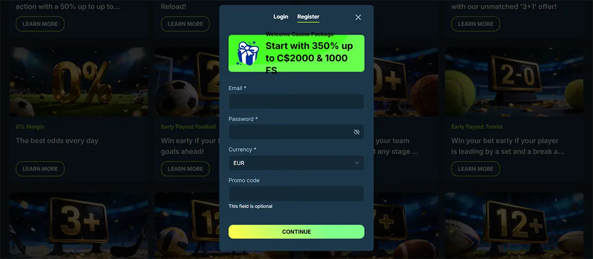 Casino registration popup with a welcome bonus banner, email and password fields, currency and promo code inputs, and a green continue button over a blurred sports betting background.